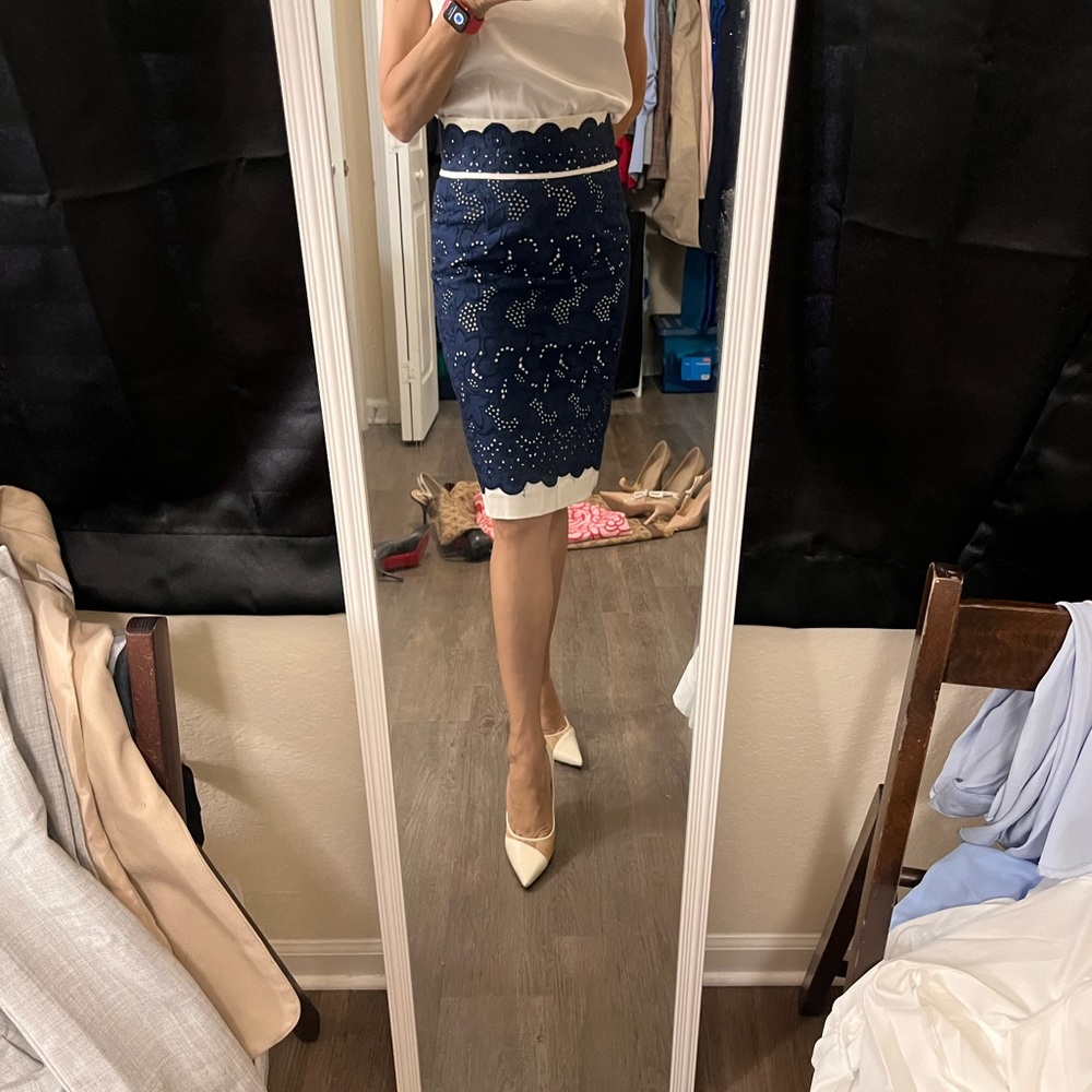 ANTONIO MELANI Navy Blue and White Eyelet Pencil Skirt